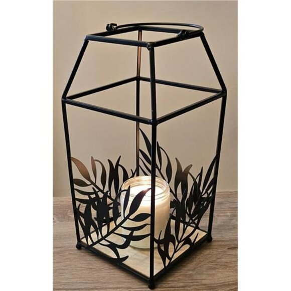 Black Metal Candle Lantern Indoor Outdoor Leaf Design Decorative Centerpiece - Picture 1 of 6